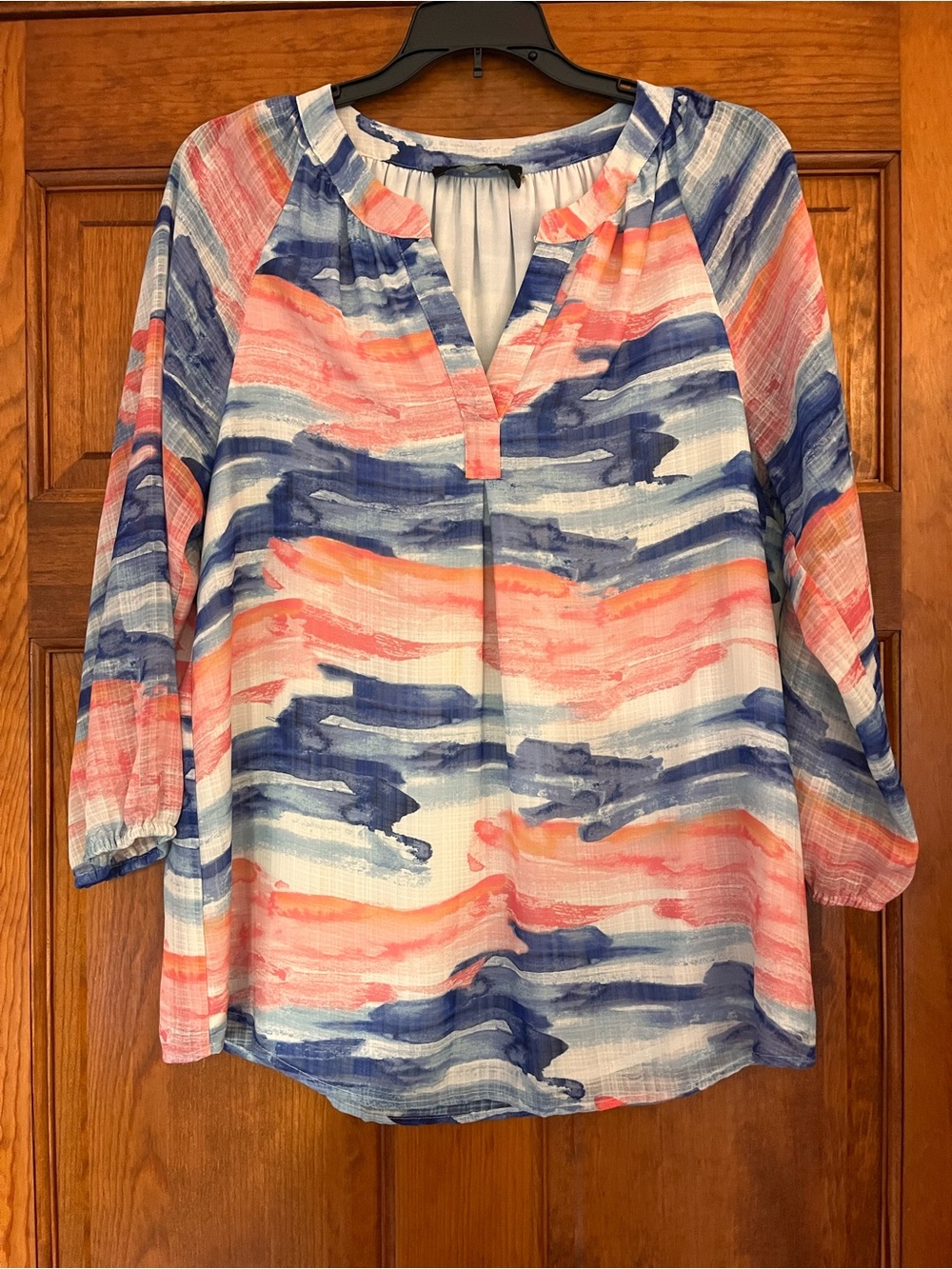 Ivanka Trump Watercolor Stripe Split-Neck Top in Blue and Coral